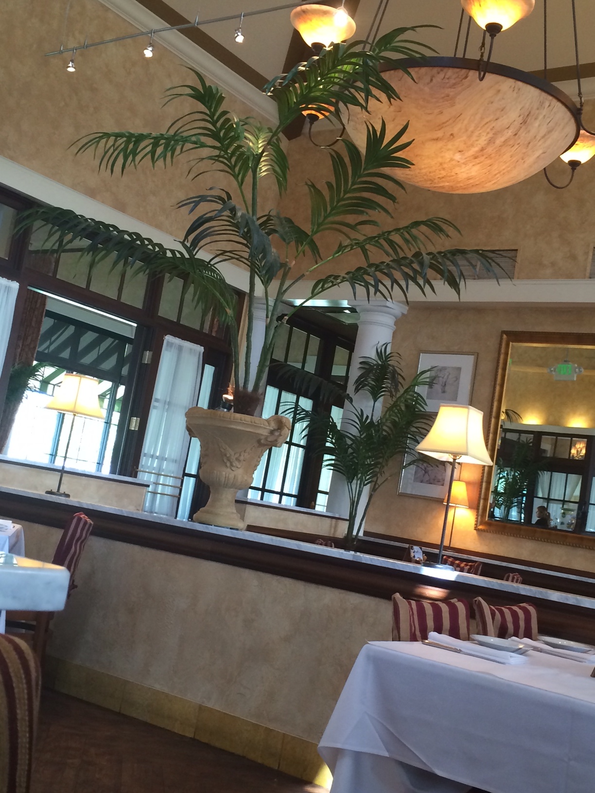 Spotted Artificial Palm Trees Decorating a Restaurant