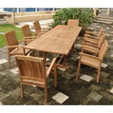 Teak Bahama Dining Table Set with 8 Stackable Arm Chairs