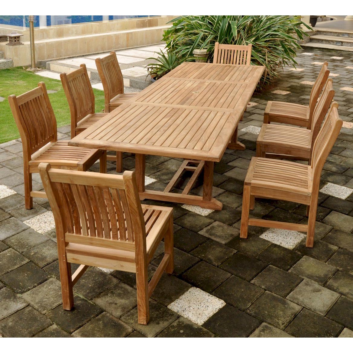 Teak Bahama Dining Table Set With 8 Sahara Side Chairs