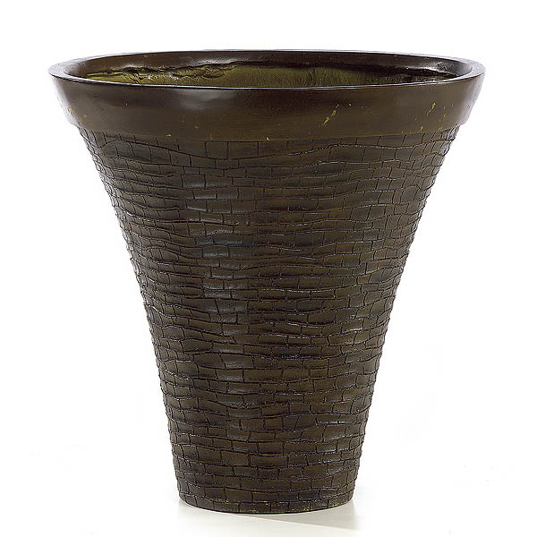 14.25 Inch Brown Fiberglass Carved Motif Planter: 13 Inch Inside Dia.