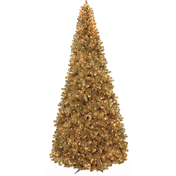 9 Foot Gold Tinsel Tree: Clear Lights