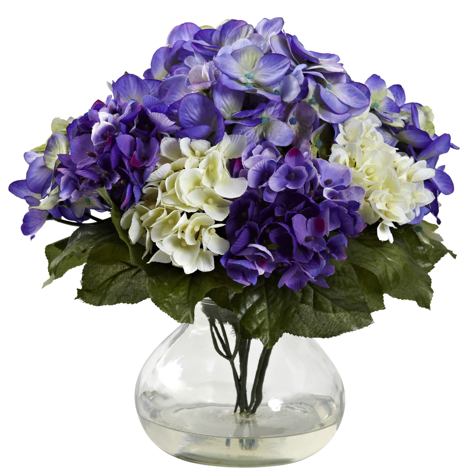 11 inch Indoor Silk Mixed Blue/Purple Hydrangea in Decorative Glass
