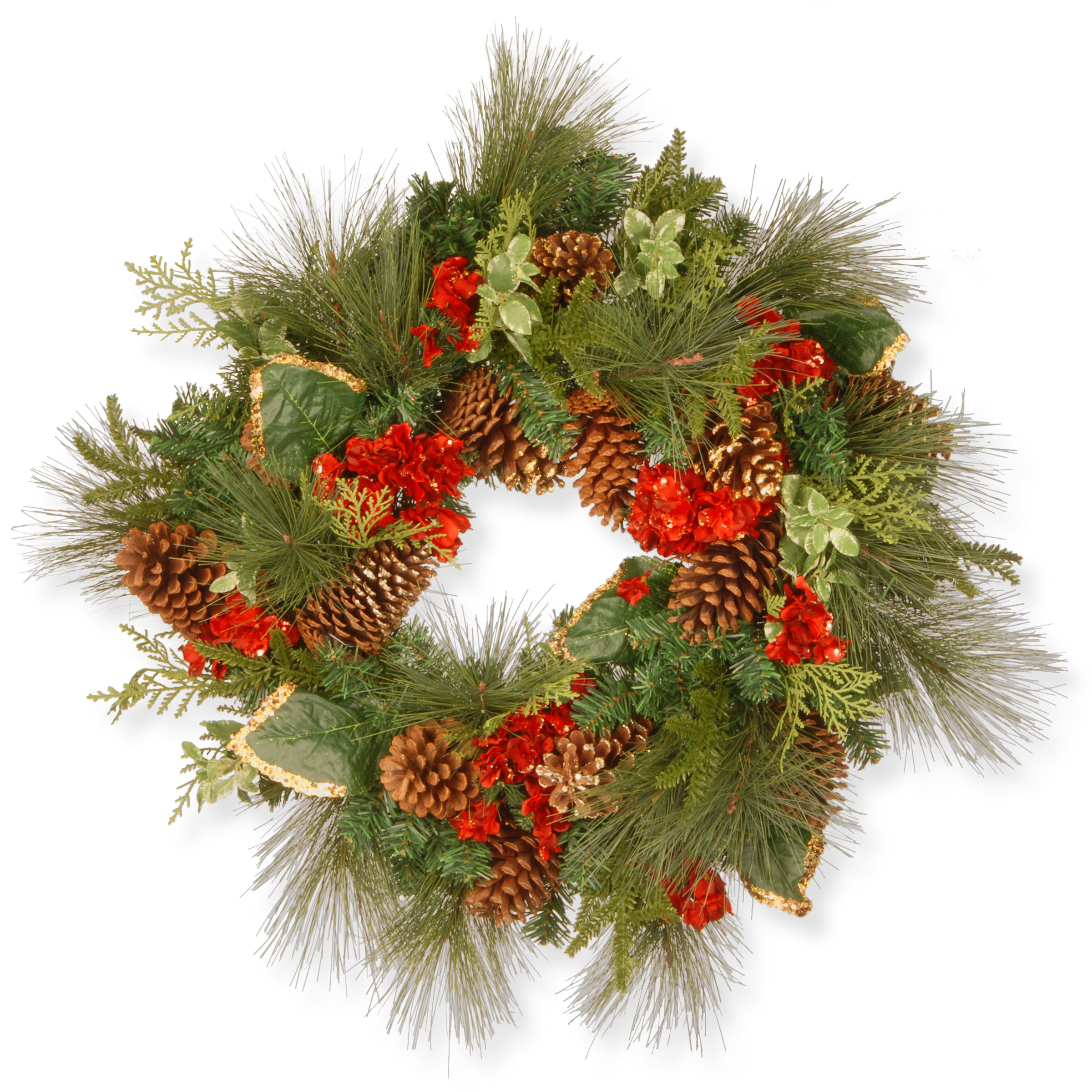27 Inch Red And Green Hydrangea Pine Wreath: Unlit