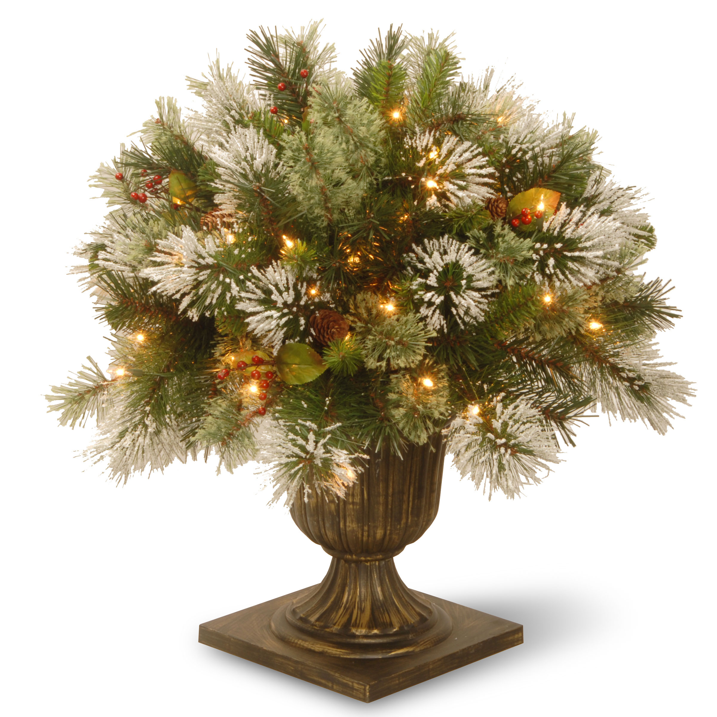 24 Inch Wintry Pine Porch Bush In Urn: Cones, Berries & Clear Lights