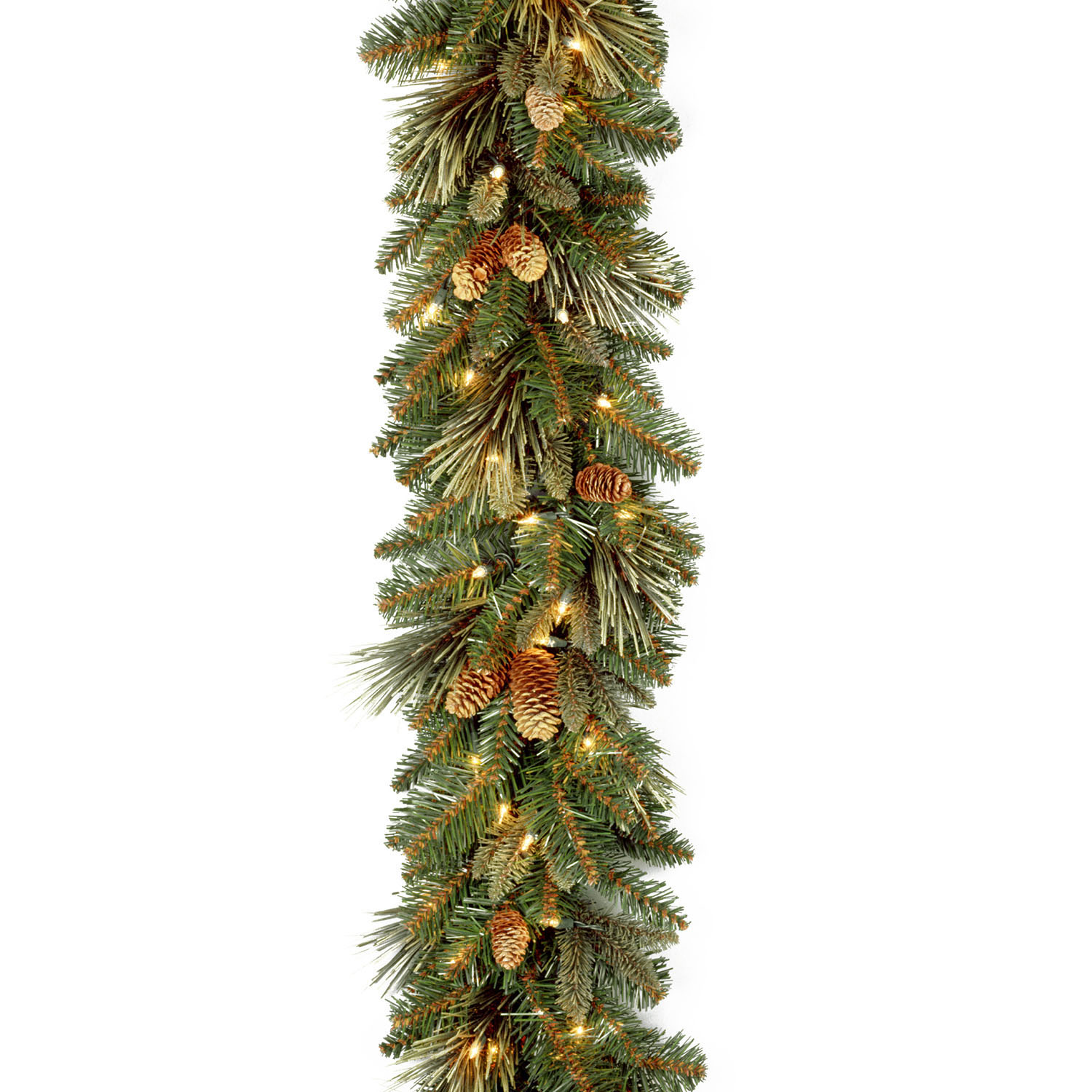 9 Foot X 10 Inch Carolina Pine Garland: 27 Flocked Cones & Clear Lights