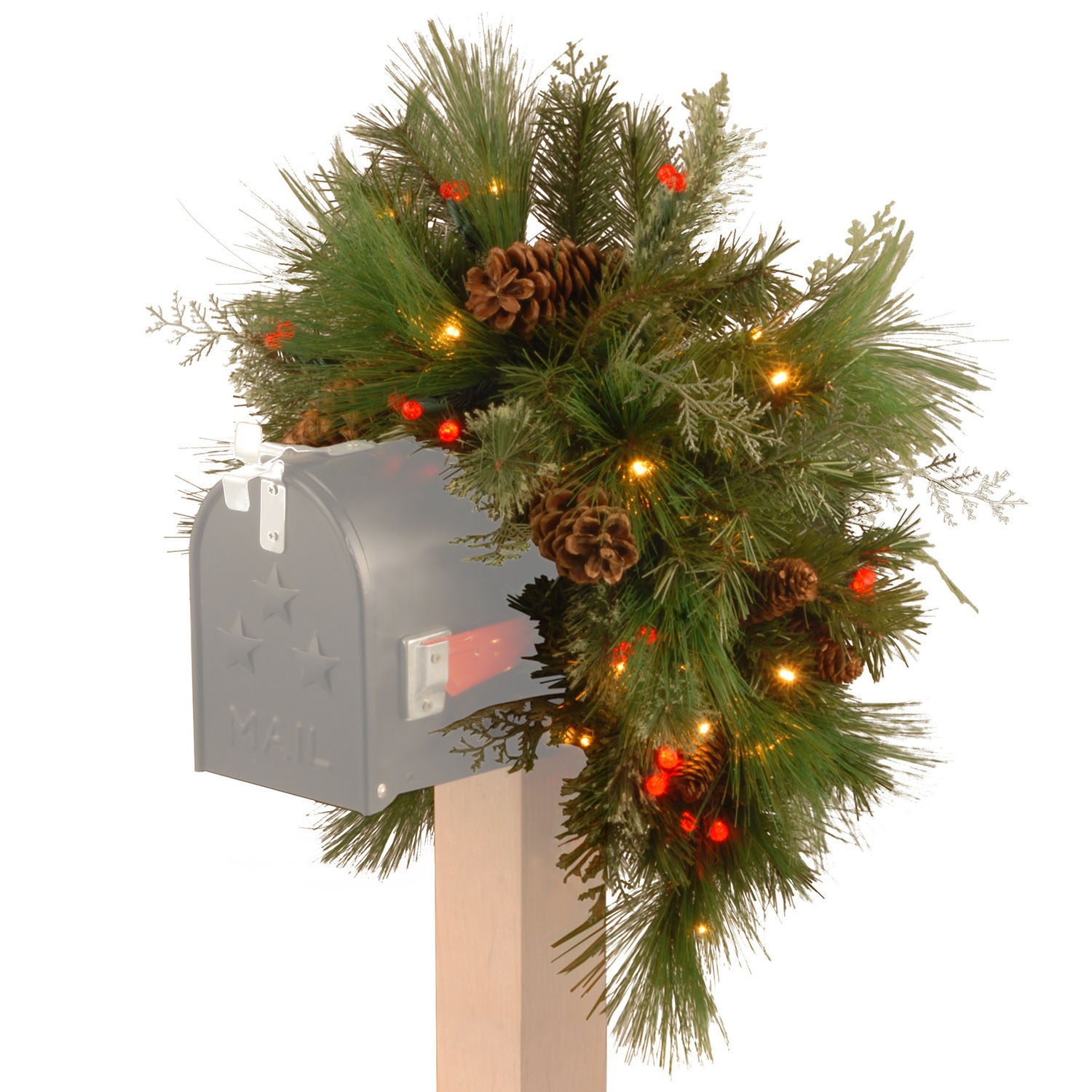 36 Inch White Pine Mailbox Swag: Battery Leds