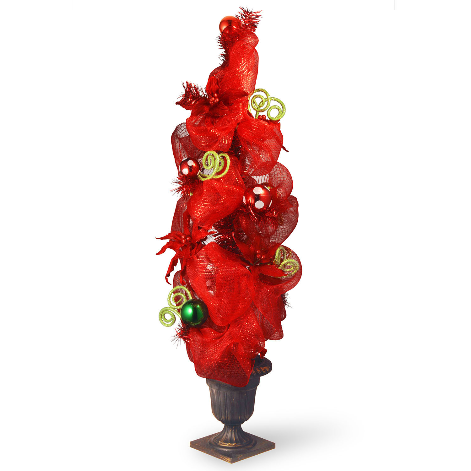 4 Foot Decorative Red Ribbon Entrance Tree: Bronze Plastic Urn