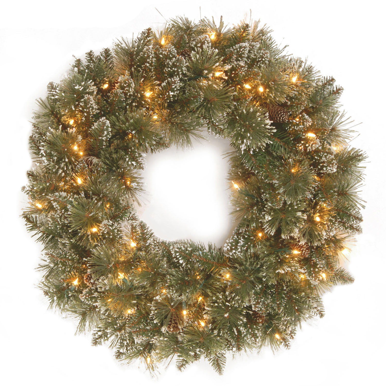 24 Inch Glittery Bristle Pine Wreath: Clear Lights
