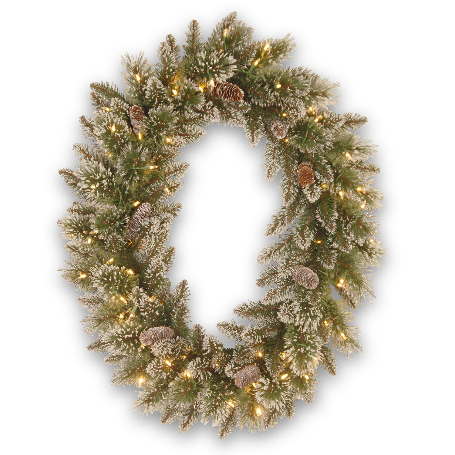 30 Inch Glittery Bristle Pine Oval Wreath: B/o Leds W/ Timer