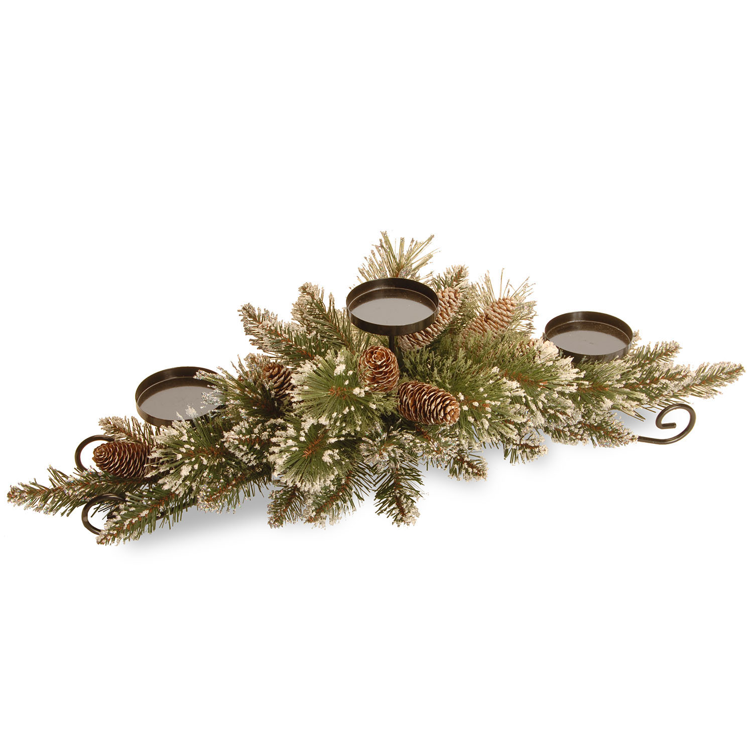 30 Inch Glittery Bristle Pine Centerpiece: 3 Candle Holders/cones