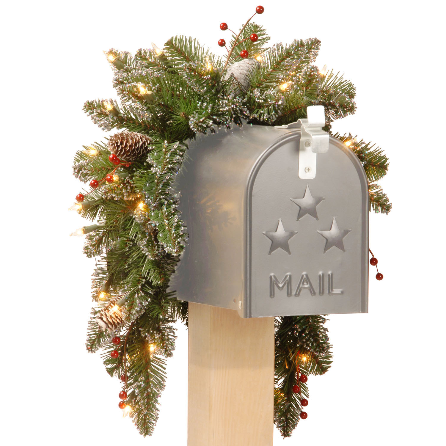 3 Foot Glittery Mountain Spruce Mailbox Swag: Battery/timer Operated Leds