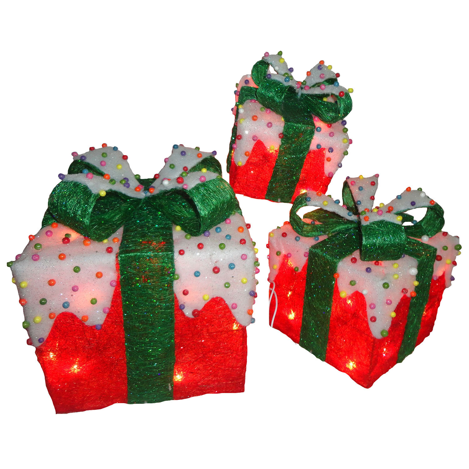 Red Sisal Gift Boxes With Snow: Clear Lights (set Of 3)