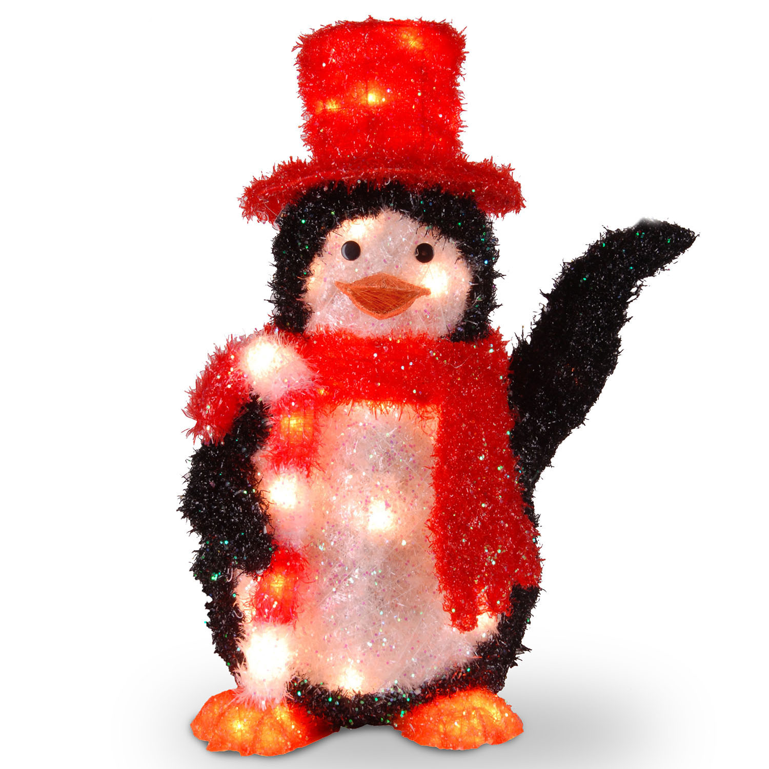 22 Inch Tinsel Penguin With Candy Cane: 35 Clear Indoor/outdoor Lights
