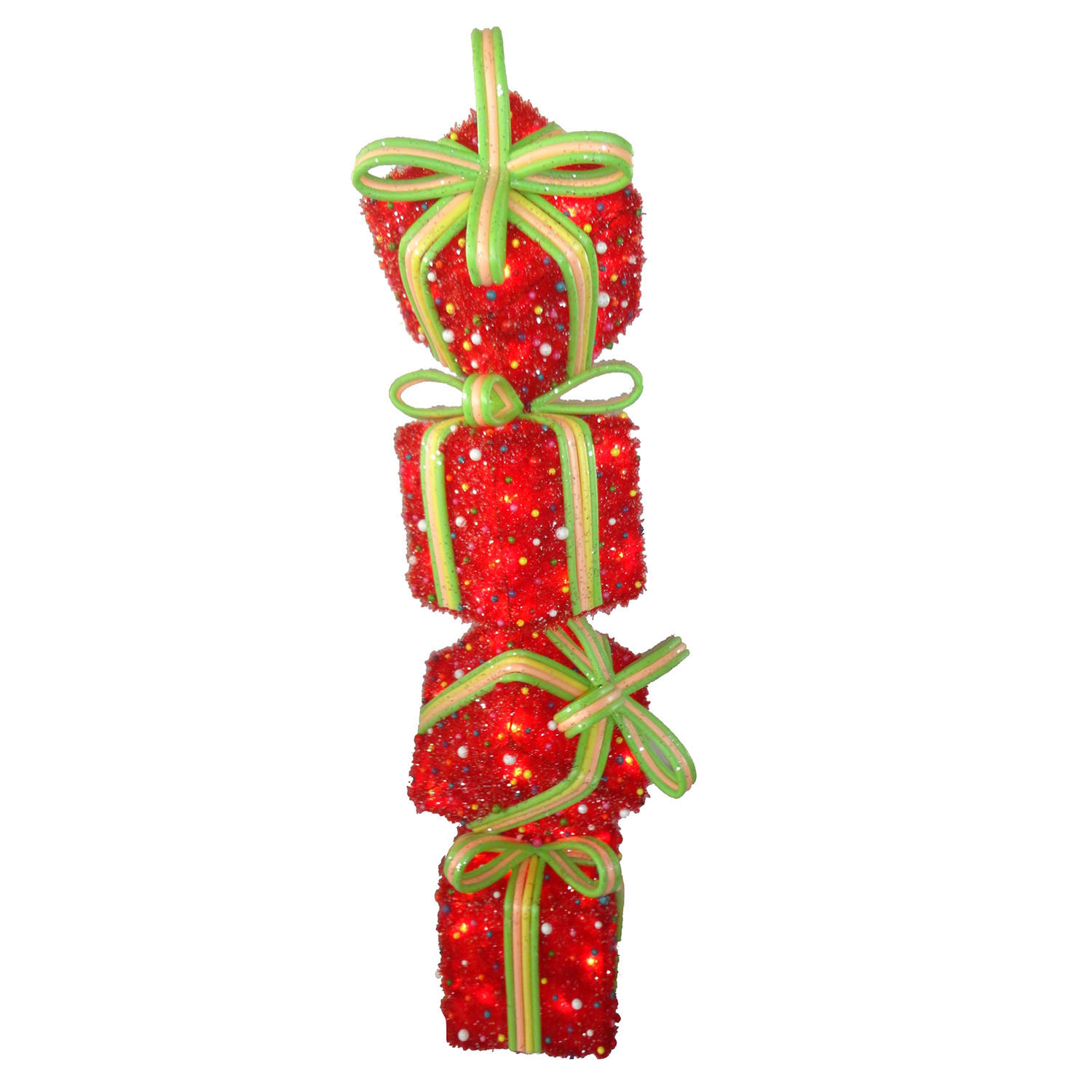 34 Inch Red Tinsel Gift Stack: Clear Lights