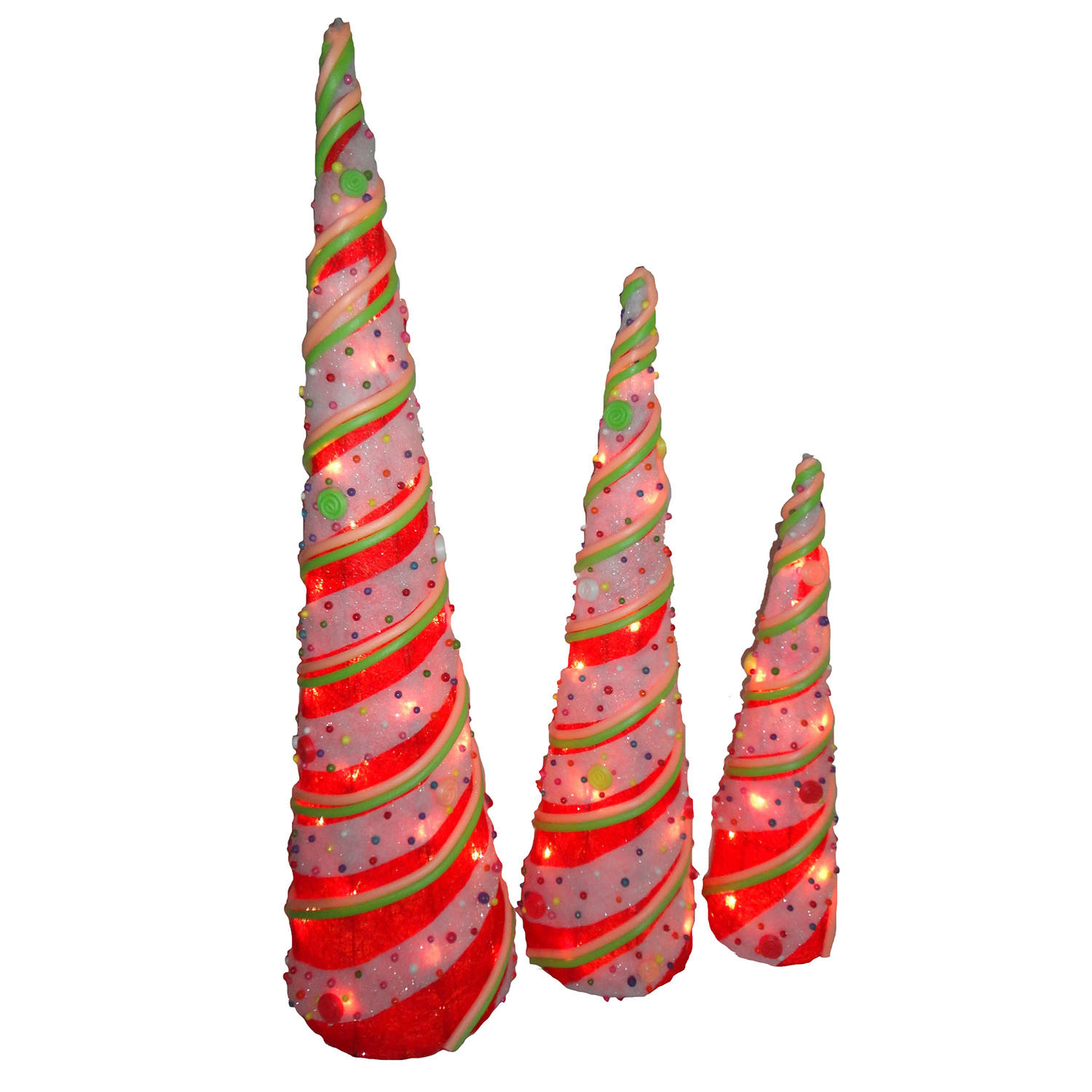 Red Sisal Cones With 65 Clear Lights Set Of 3 (6in, 8in, 10in)