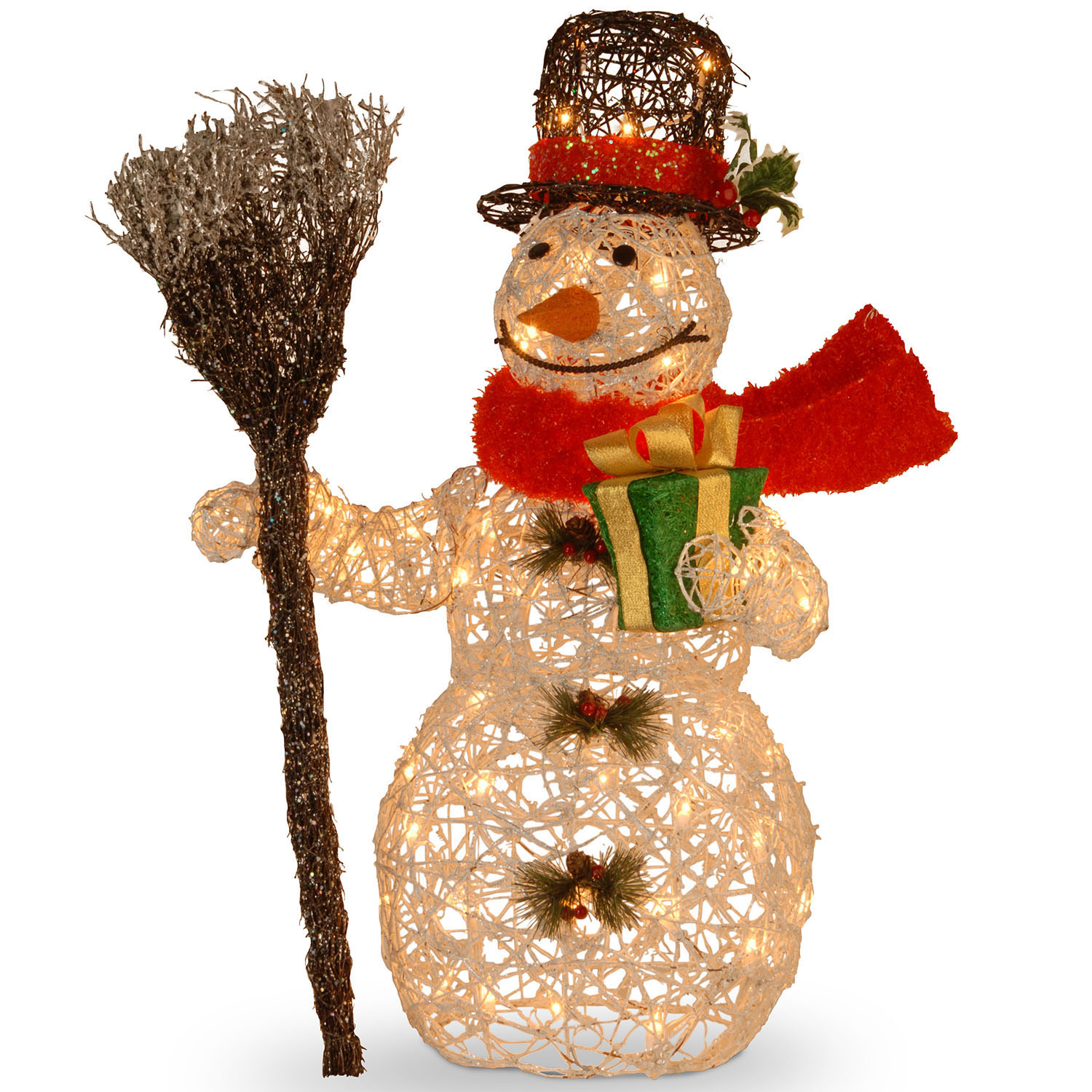 27 Inch White Rattan Snowman Holding Gift & Broom: Outdoor Lights