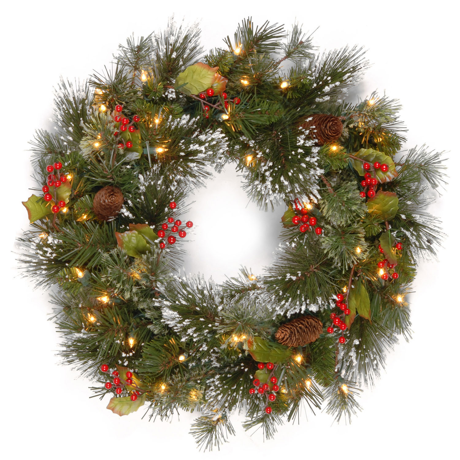 24 Inch Wintry Pine Wreath: Clear Lights