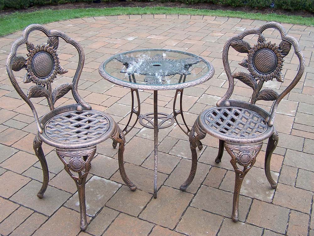 Cast Aluminum Sunflower 3pc Round Glass Top Bistro Set