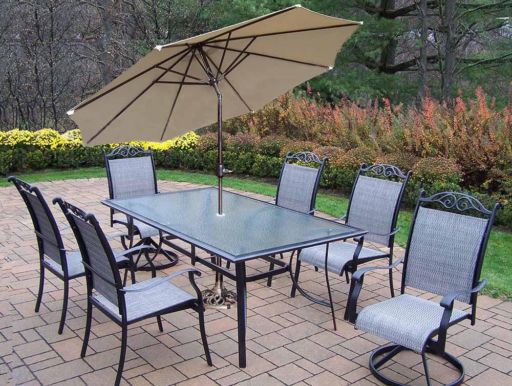 9pc Dining Set: 4 Chairs, 2 Swivel Rockers, 1 Umbrella