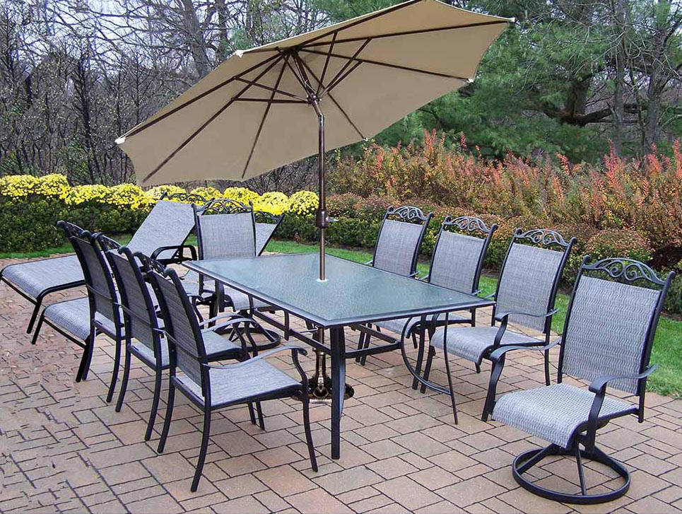 14pc Dining Set: 8 Dining Chairs, 2 Chaise, Umbrella