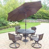 7pc Set: Table, 4 Swivel Wicker Chairs, Brown Umbrella