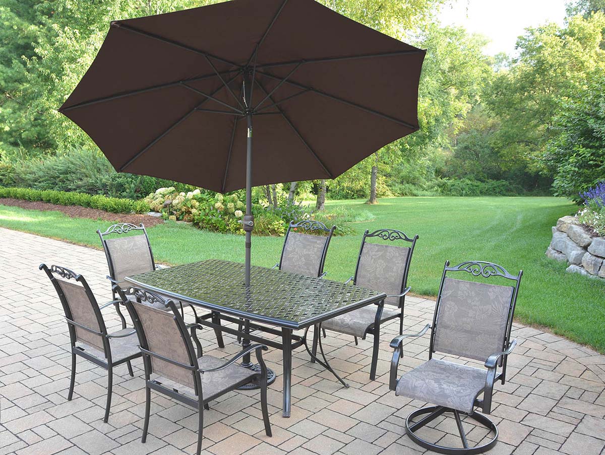 Oakland Living | 9pc Set: Table, Rockers, Chairs, Brown Umbrella, Stand ...