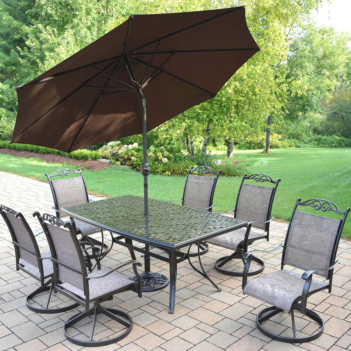 9pc Set: Table, Swivel Rockers, Brown Umbrella & Stand