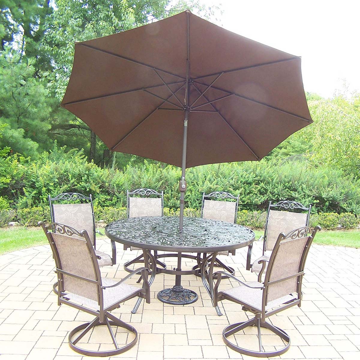 Coffee 9pc Set: Table, Rockers, Brown Umbrella & Stand