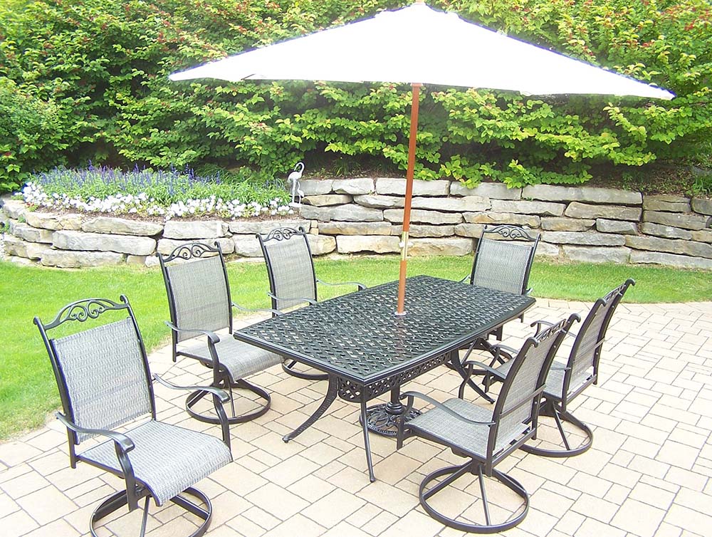 9pc Set: Table, Swivel Rockers, White Umbrella & Stand