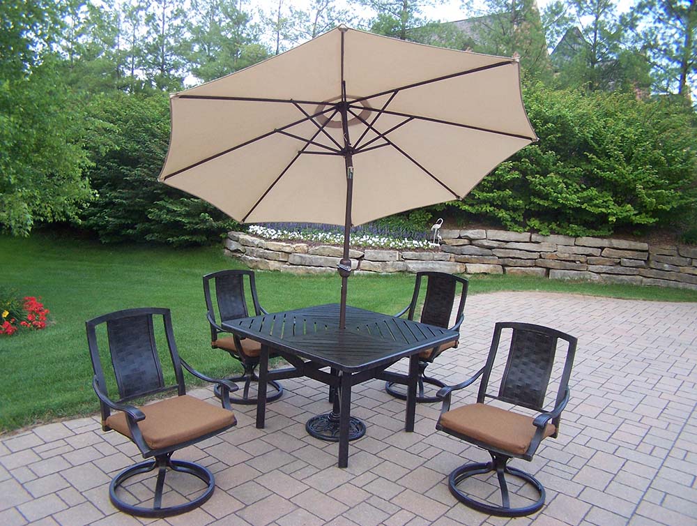 Aged Vanguard 11pc Set: Table, 4 Chairs, Beige Umbrella