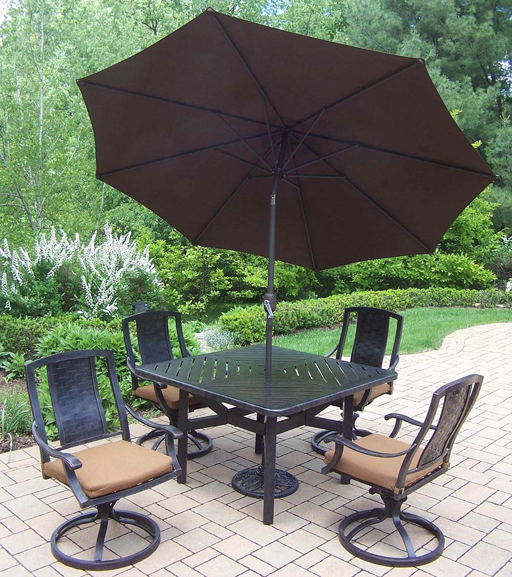 Aged Vanguard 11pc Set: Table, 4 Chairs, Brown Umbrella
