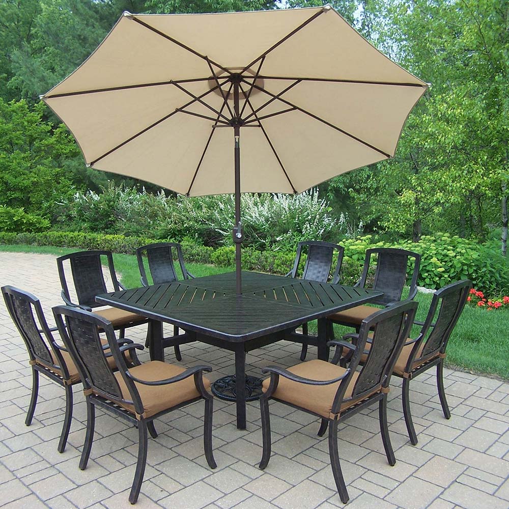 Aged Vanguard 19pc Set: Table, 8 Chairs, Beige Umbrella