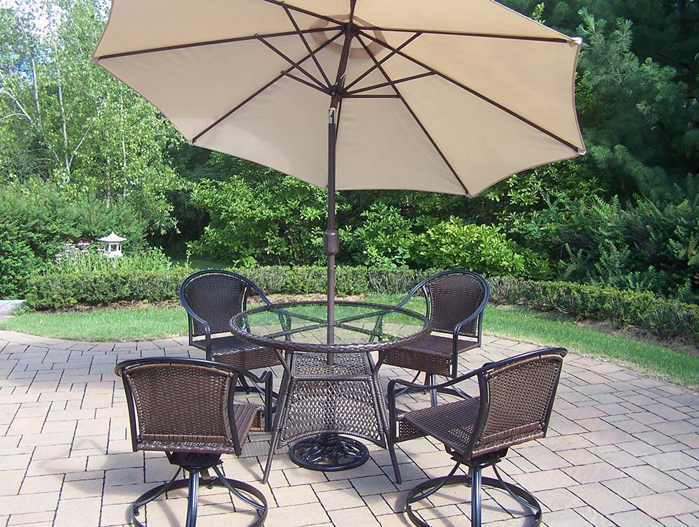 Tuscany 7pc Set: Table, Wicker Chairs, Beige Umbrella