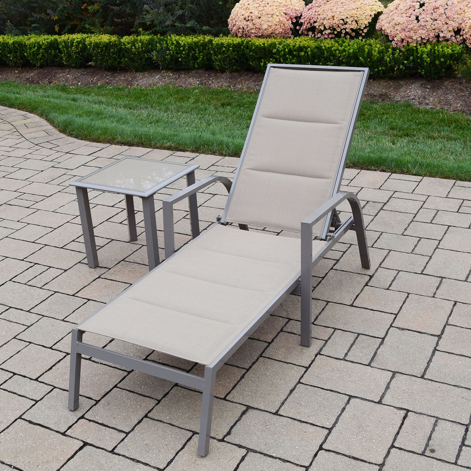 Champagne Sling Aluminum Chaise Lounge & Side Table