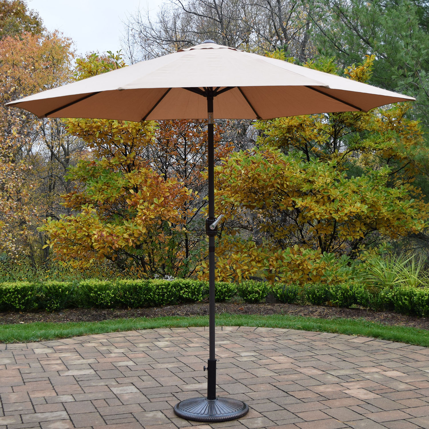 9 Foot Champagne Crank/tilt Umbrella Brown Pole With Stand