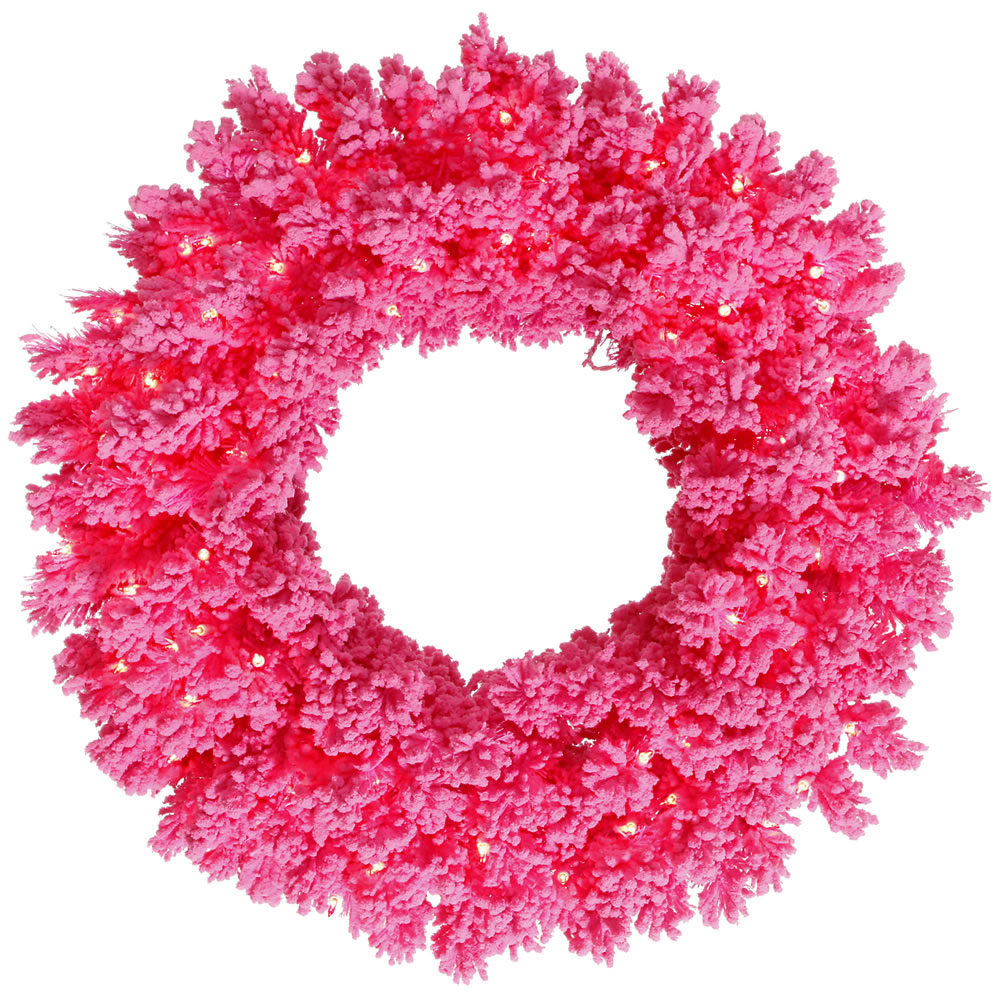 24 inch Flocked Pink Fir Wreath: Pink LEDs