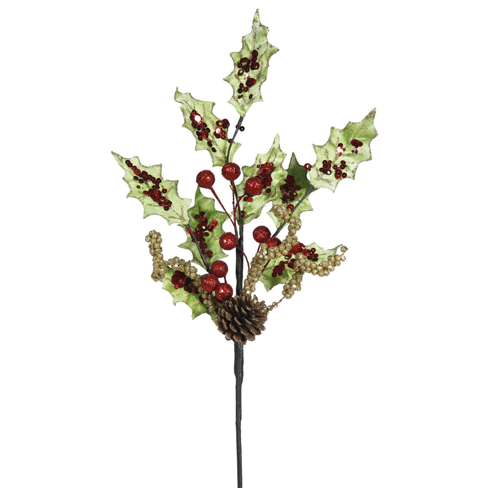22 Inch Holly Berry And Sequin Spray: Set Of 4