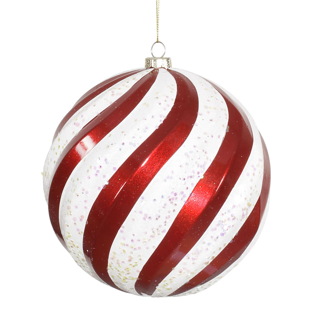 6 inch Matte-Glitter Swirl Christmas Ball Ornament: Red-White | M112073