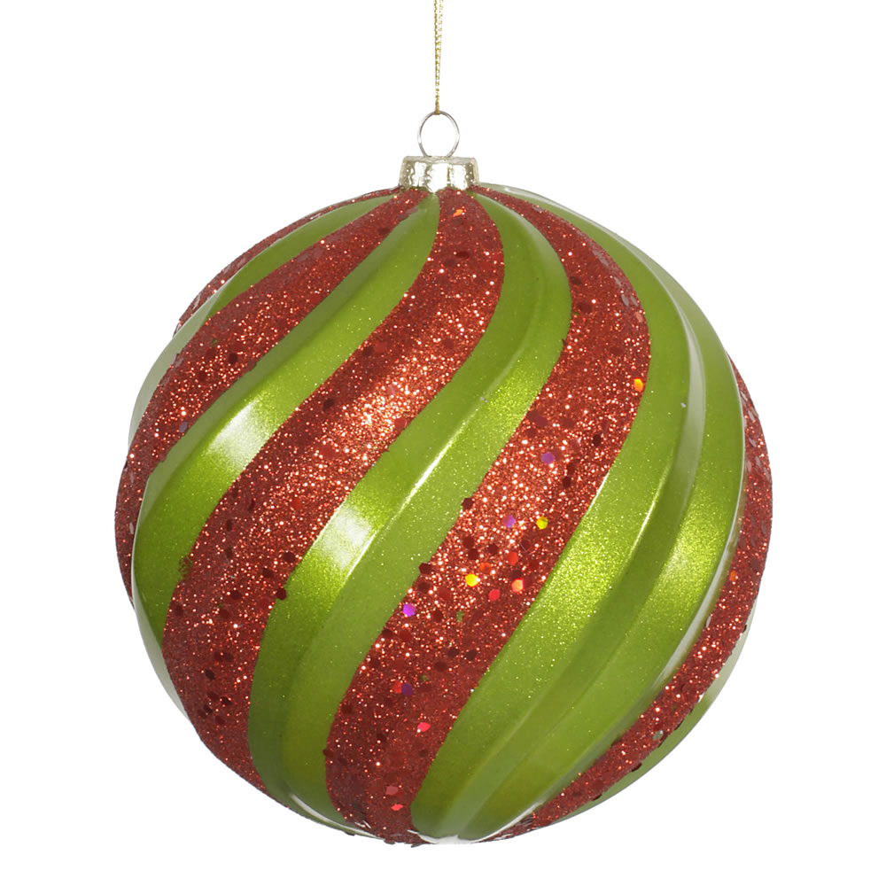 6 inch Matte-Glitter Swirl Christmas Ball Ornament: Lime-Red | M112074