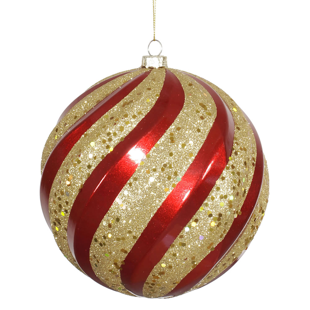 6 inch MatteGlitter Swirl Christmas Ball Ornament RedGold  M112086