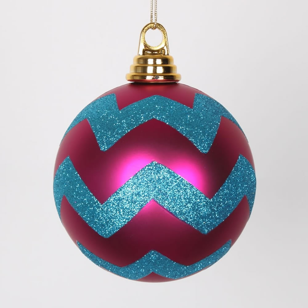 Vickerman | 4.75 inch Cerise, Turquoise Matte Glitter Chevron Ball ...