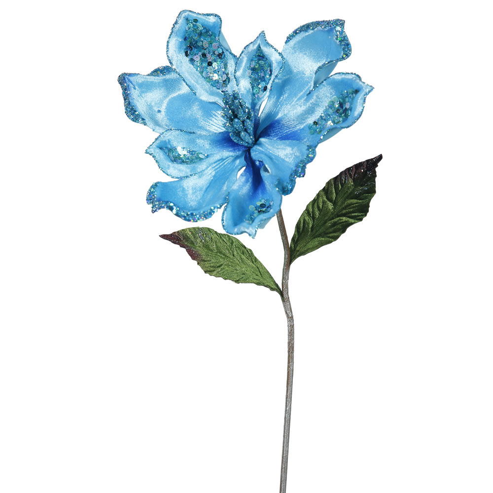 22 inch Sky Blue Velvet Magnolia Pick - 9 inch Flower: Set of 3