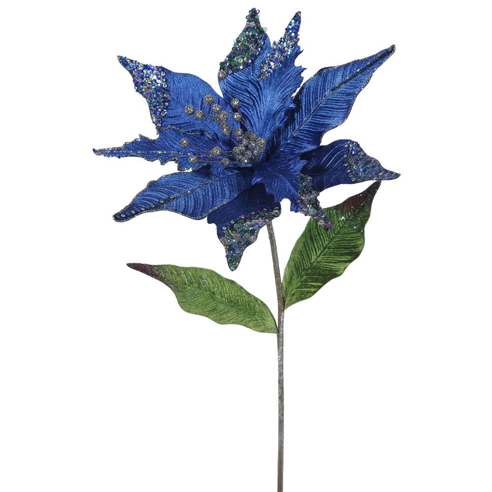 26 inch Blue Velvet Poinsettia Pick: Set of 3