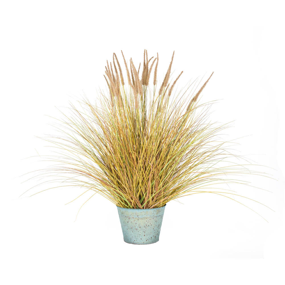 45 inch Brown Dogtail Grass Bush in Verdigris Finish Metal Planter | T15018