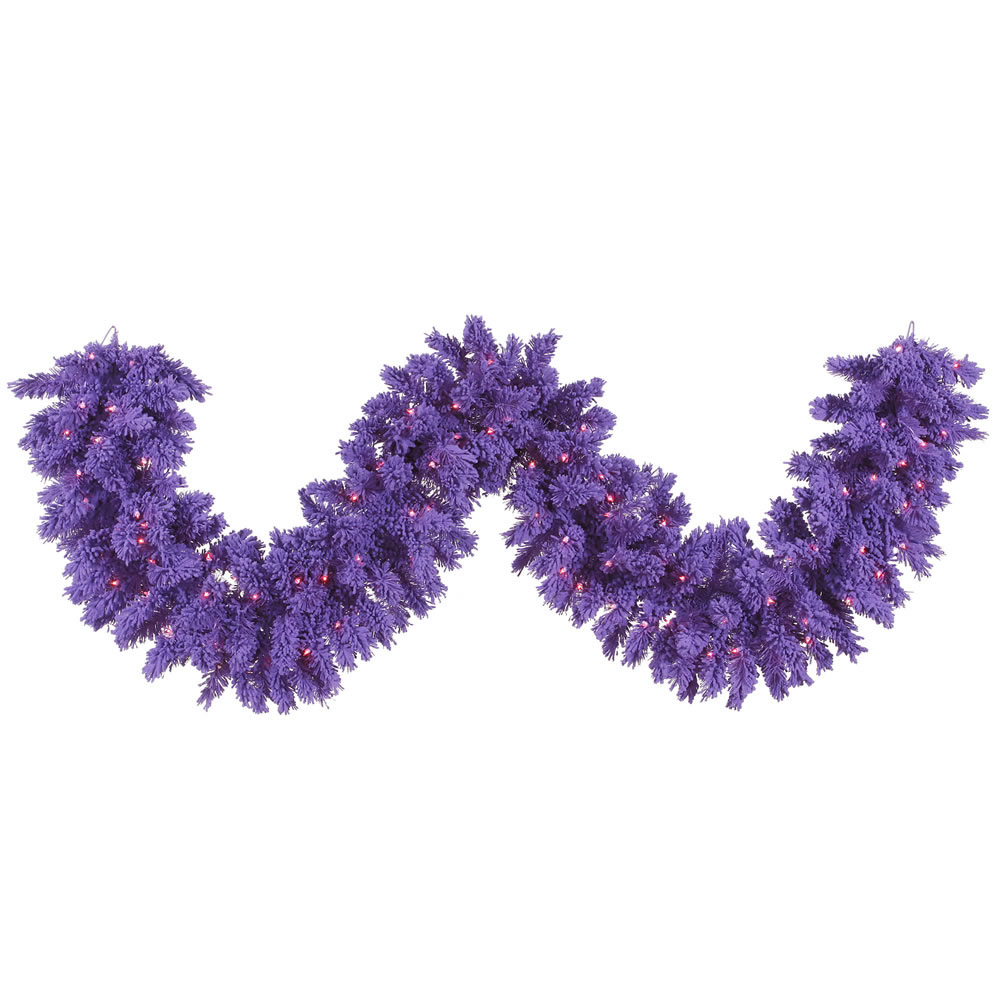 9 foot Flocked Purple Garland with Purple Lights | K128415 | Vickerman