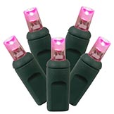 50 foot Wide Angle LED Lights with 6 inch Spacing on Green Wire: Pink